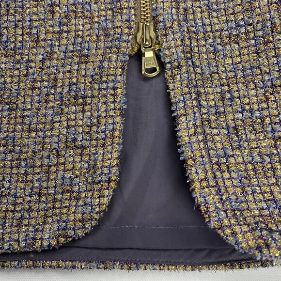 J. Crew Gold Metallic Sparkle Tweed Pencil Skirt Purple Gold Zip Front Size 10 - Picture 8 of 11